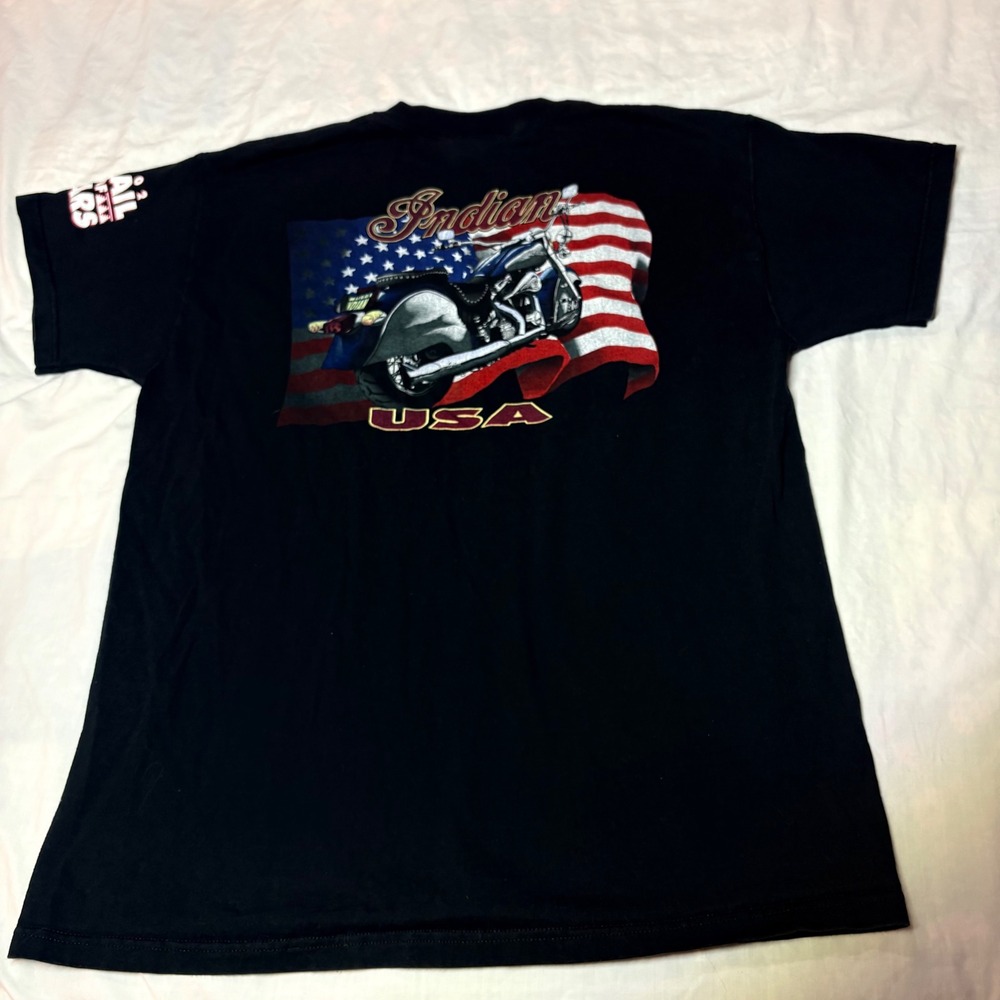 Indian Motorcycle Mens XL Black T-Shirt 2002 Trail of Tears Graphic Tee USA Flag